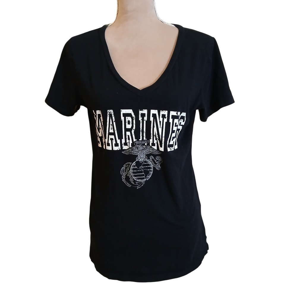 U-Trau US Marines Graphic V-Neck T-Shirt Womens Medium Black Made in USA Cotton